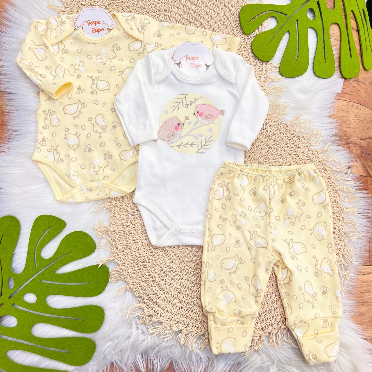  CONJ. DE MALHA 3 PEÇAS - Passarinhos - Off White e Amarelo